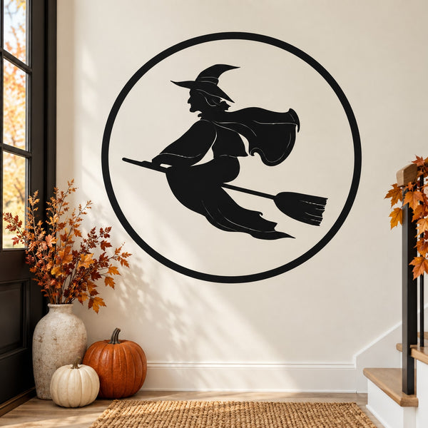Black witch on broom wall decal inside a round circle, full moon theme.
