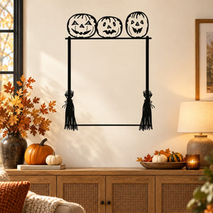 Halloween pumpkin wall decal with three jack-o’-lanterns and tassel corner strings