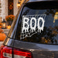 BOO spiderweb car window decal with bold white lettering