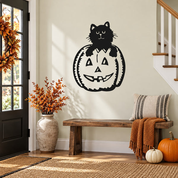 Halloween cat in pumpkin wall decal, black cat face with carved jack-o-lantern design