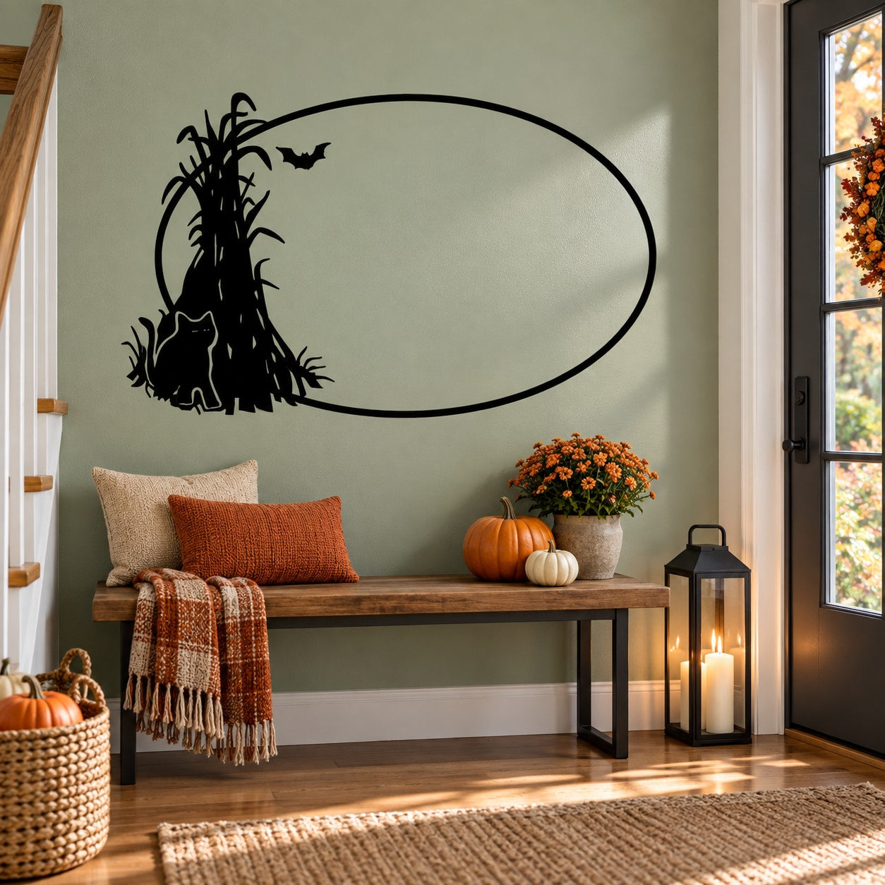 Halloween oval wall decal with black bat cat and corn stalk silhouette