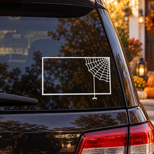 Halloween spider web rectangular frame decal with small spider icon, white outline