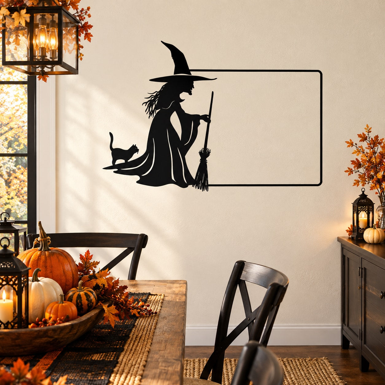 Black witch border decal silhouette with hat, broom, and wand in rectangle