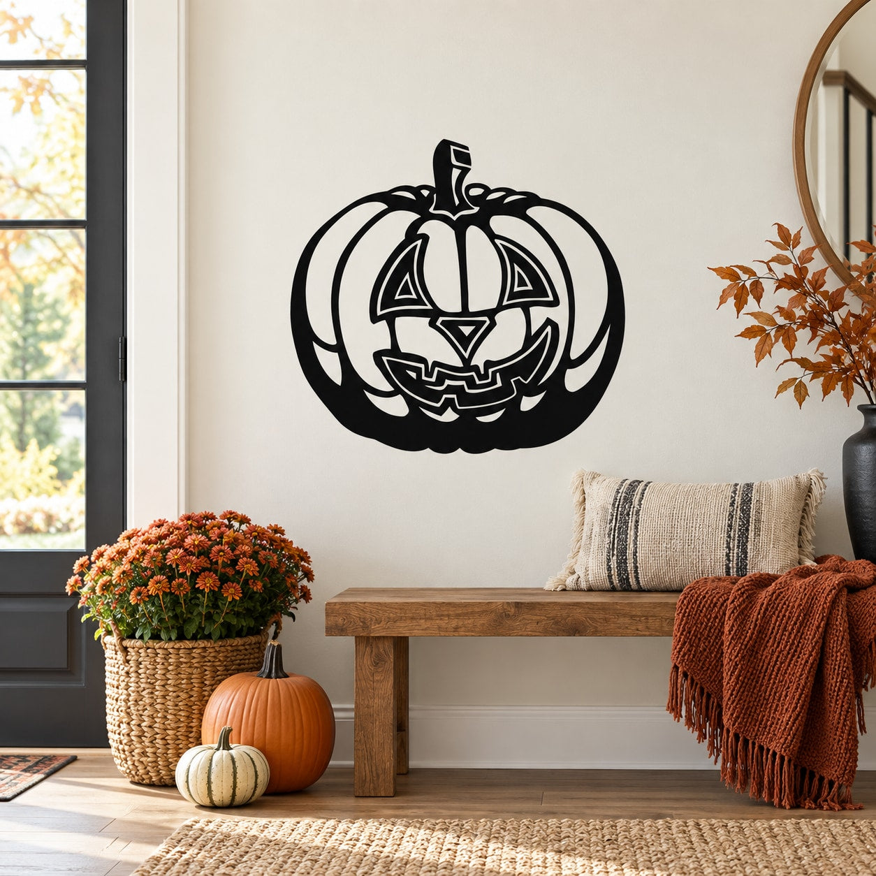 Halloween jack-o'-lantern contour decal: black outline pumpkin face with carved grin.