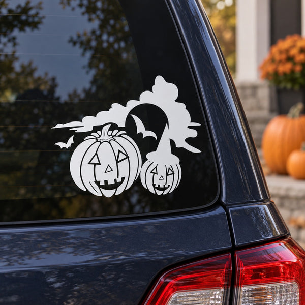 Halloween jack-o-lantern outdoor car window decal with creepy pumpkins and bats