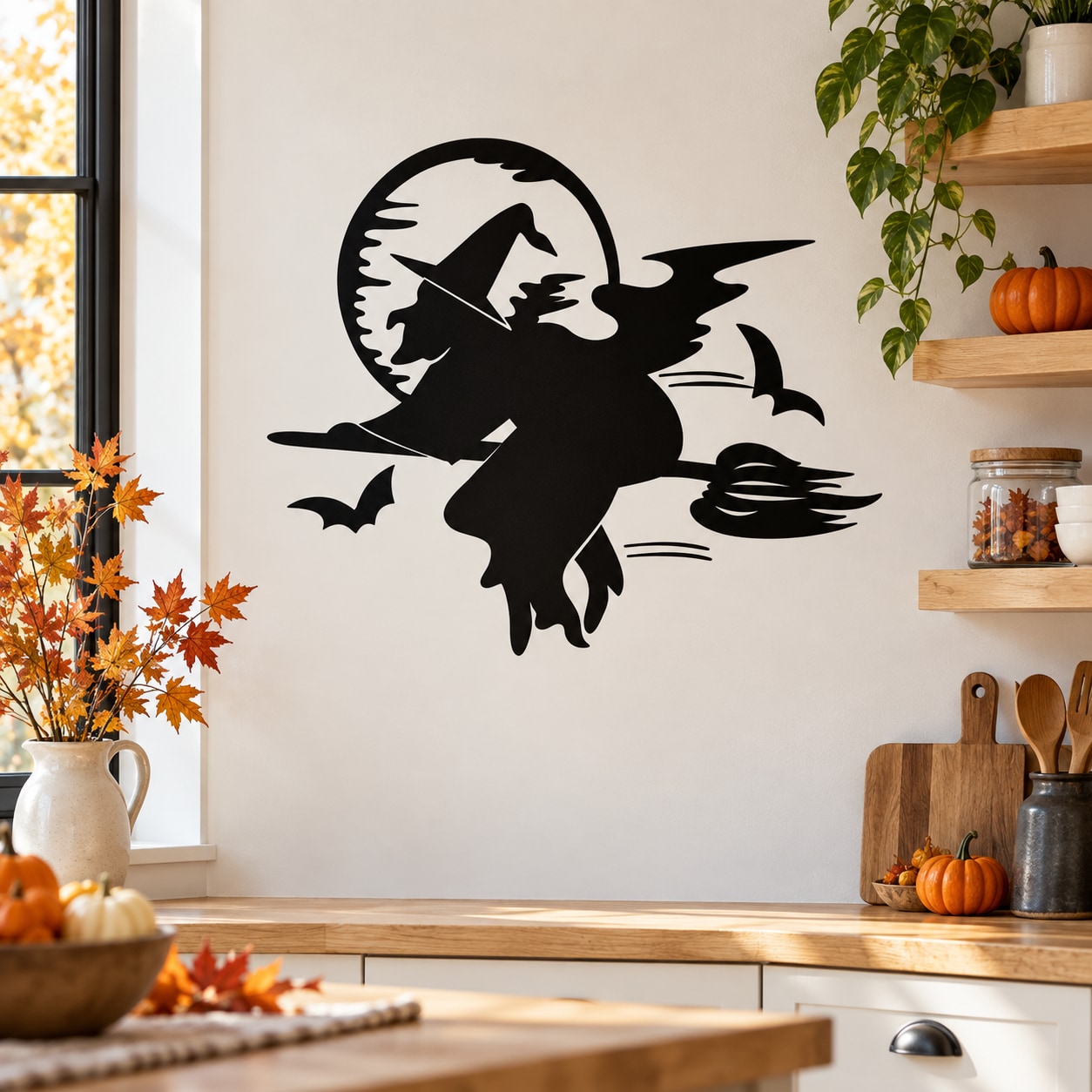 Black flying witch silhouette wall decal with broom and bat wings in a moon circle