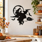 Black flying witch silhouette wall decal with broom and bat wings in a moon circle