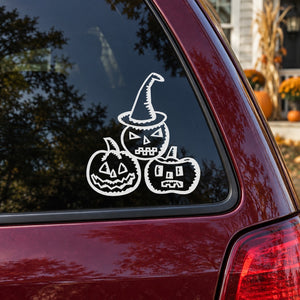 Halloween jack-o-lantern decal with three carved pumpkins and a witch hat figure