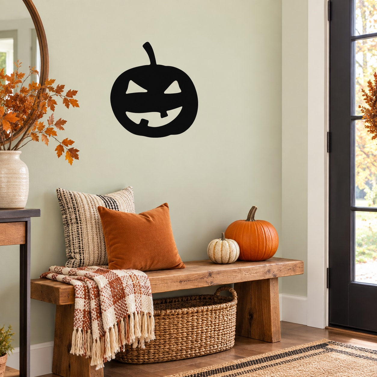Black jack-o-lantern face wall decal with smirking grin, carved eyes and mouth