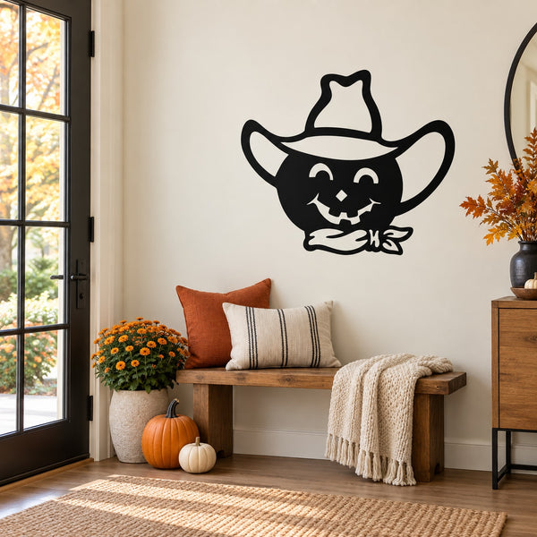 Halloween jack-o-lantern cowboy hat wall decal, black cartoon face and hat