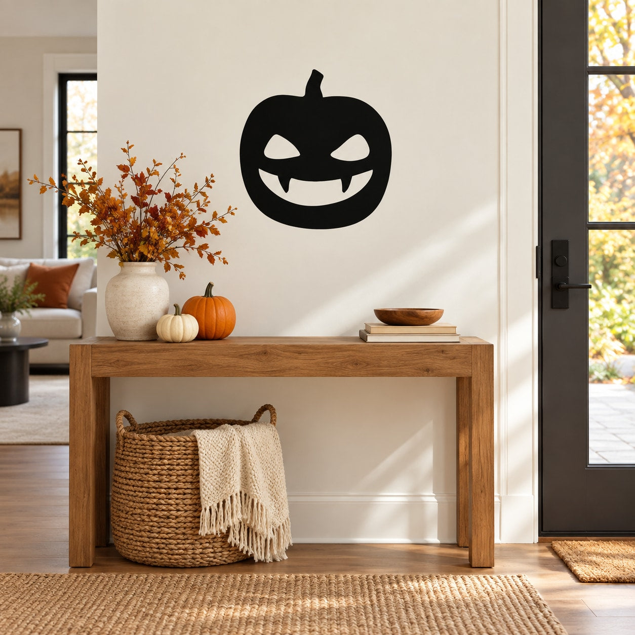 Black fanged jack-o-lantern face wall decal with toothy grin