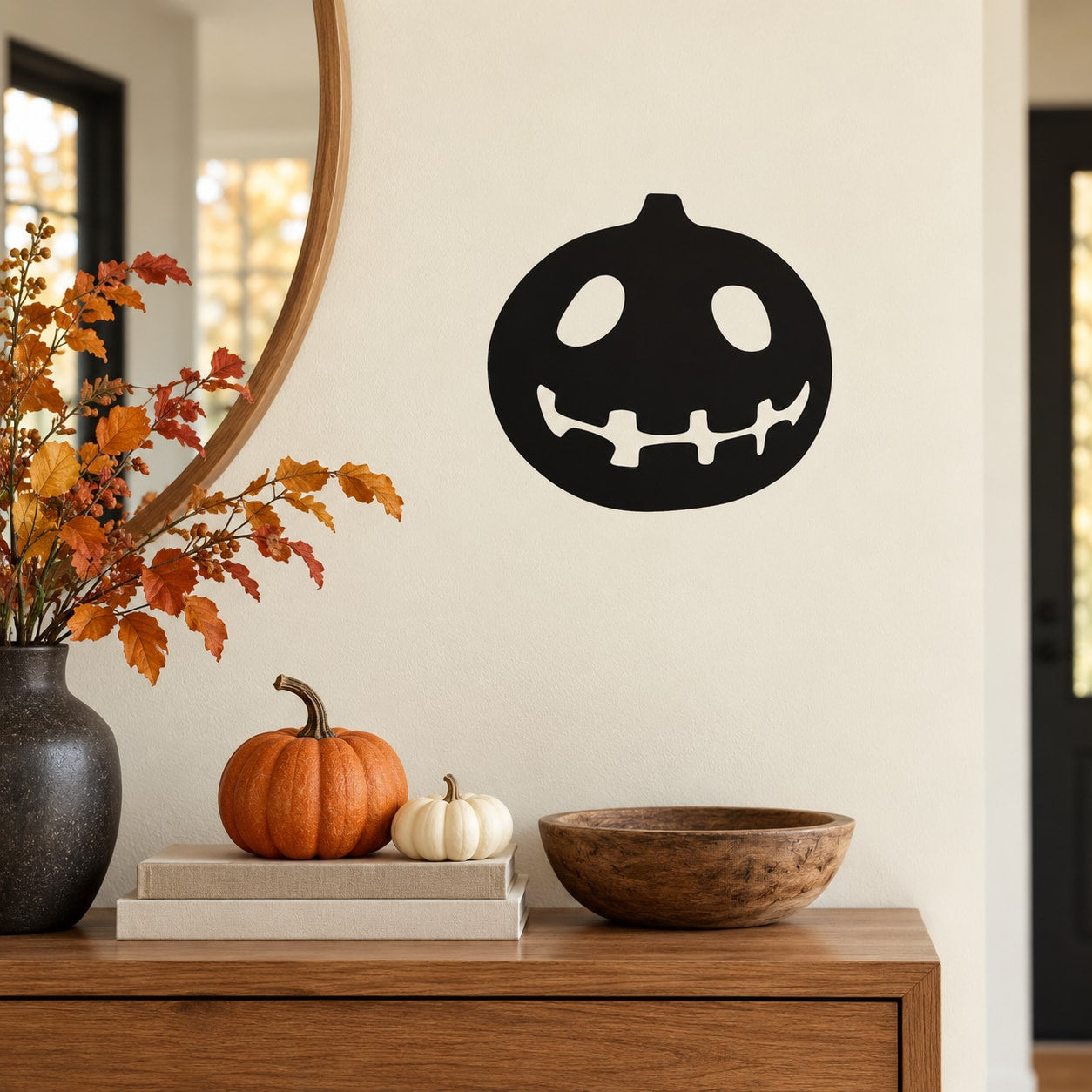 Halloween jack-o-lantern face stitched smile wall decal in black