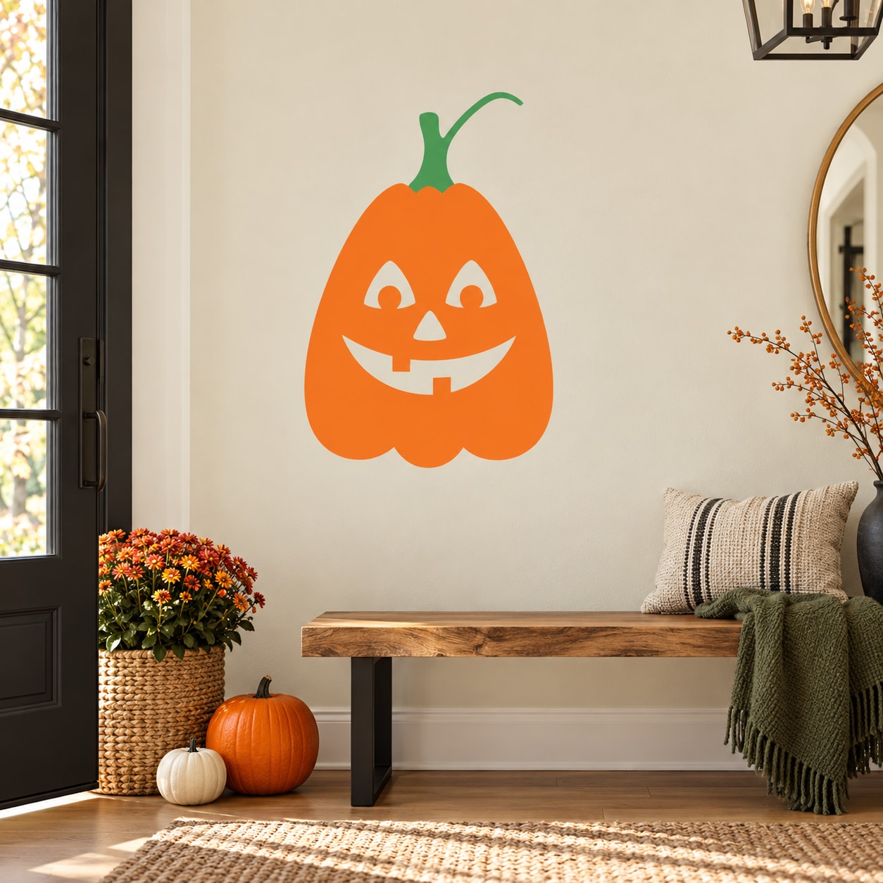 Smiling jack-o-lantern pumpkin decal, tall orange die-cut design