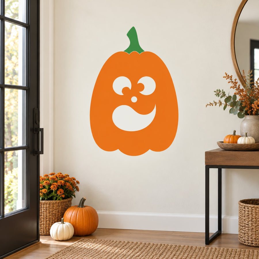 Halloween jack-o-lantern decal with orange pumpkin and cheerful cartoon face