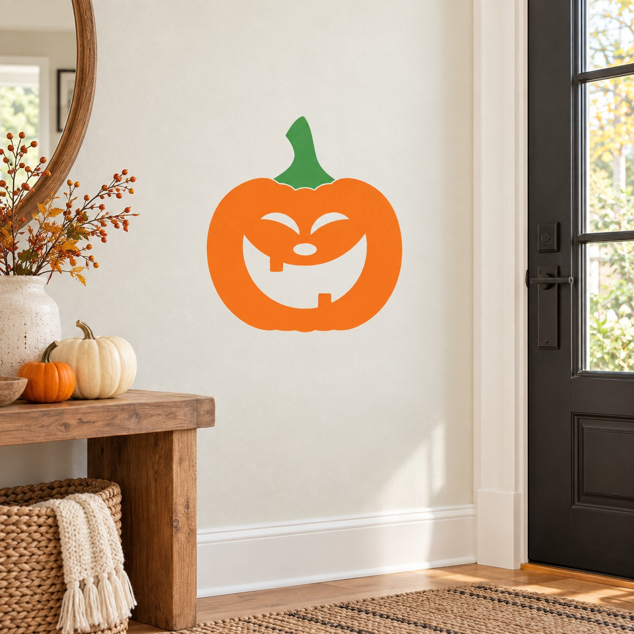 Jack-o-lantern printed die-cut decal, orange pumpkin with green stem and carved grin