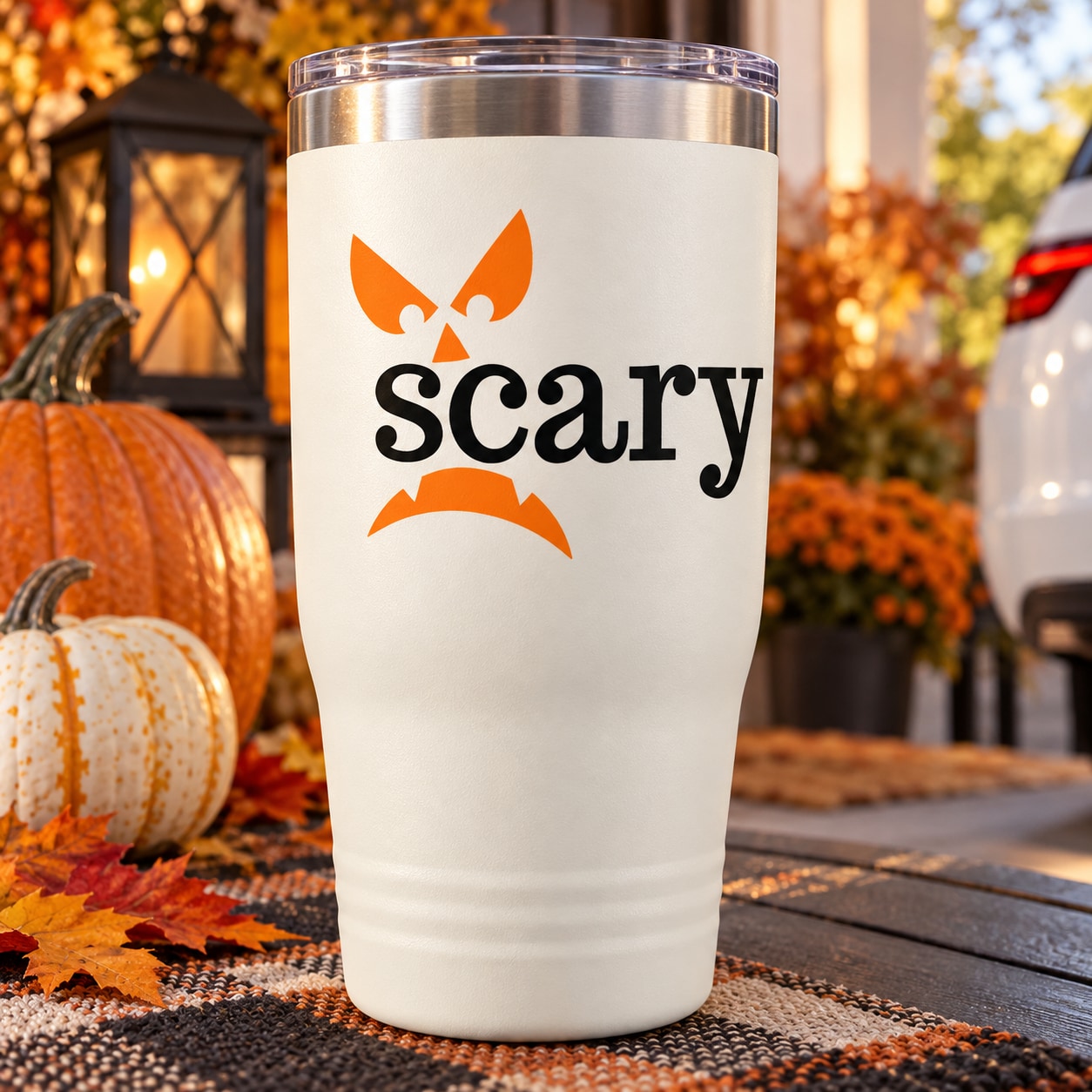 White tumbler with orange pumpkin face and black “scary” text decal