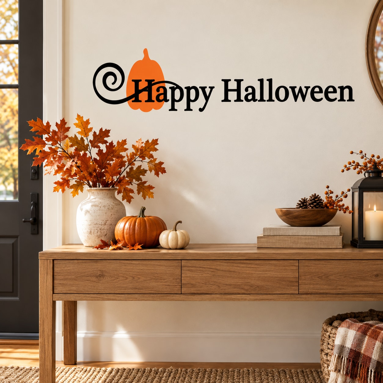 Happy Halloween wall decal with orange pumpkin and black swirl lettering