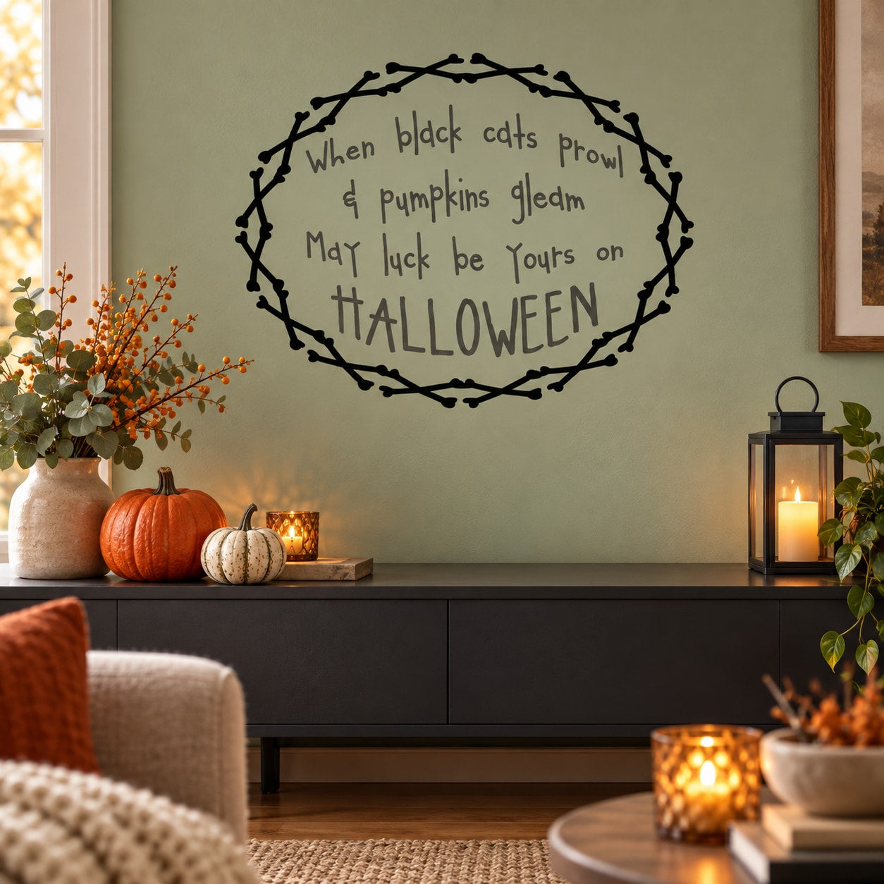 Halloween wall decal with black cat and pumpkin text inside circular wreath