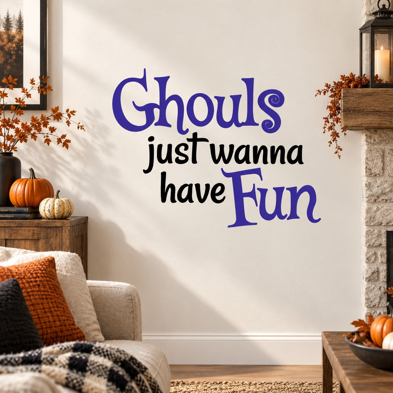 Halloween wall decal: 'Ghouls just wanna have Fun' purple and blue lettering