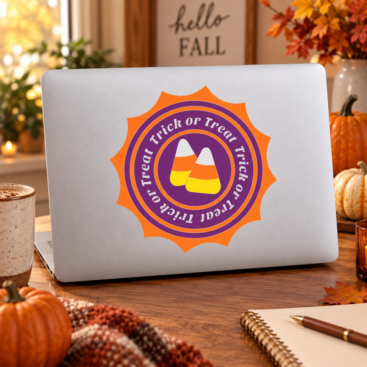 Halloween trick-or-treat seal sticker with orange border and purple candy corn icon