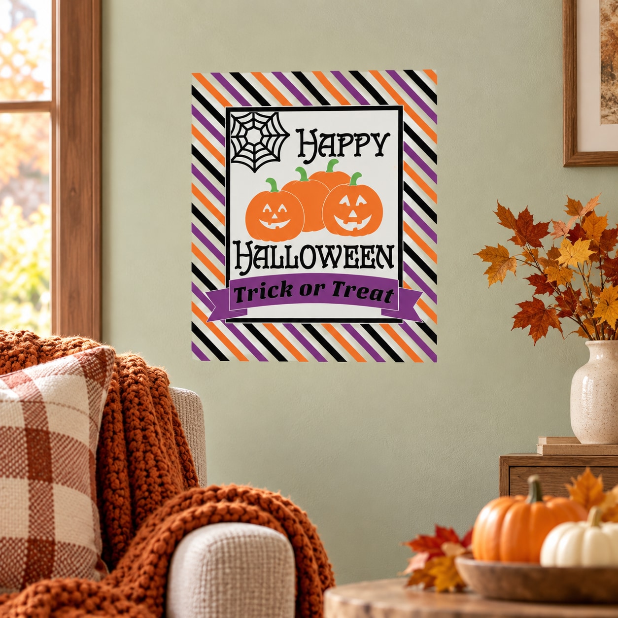 Happy Halloween decorative pumpkin-style wall decal with striped border and text