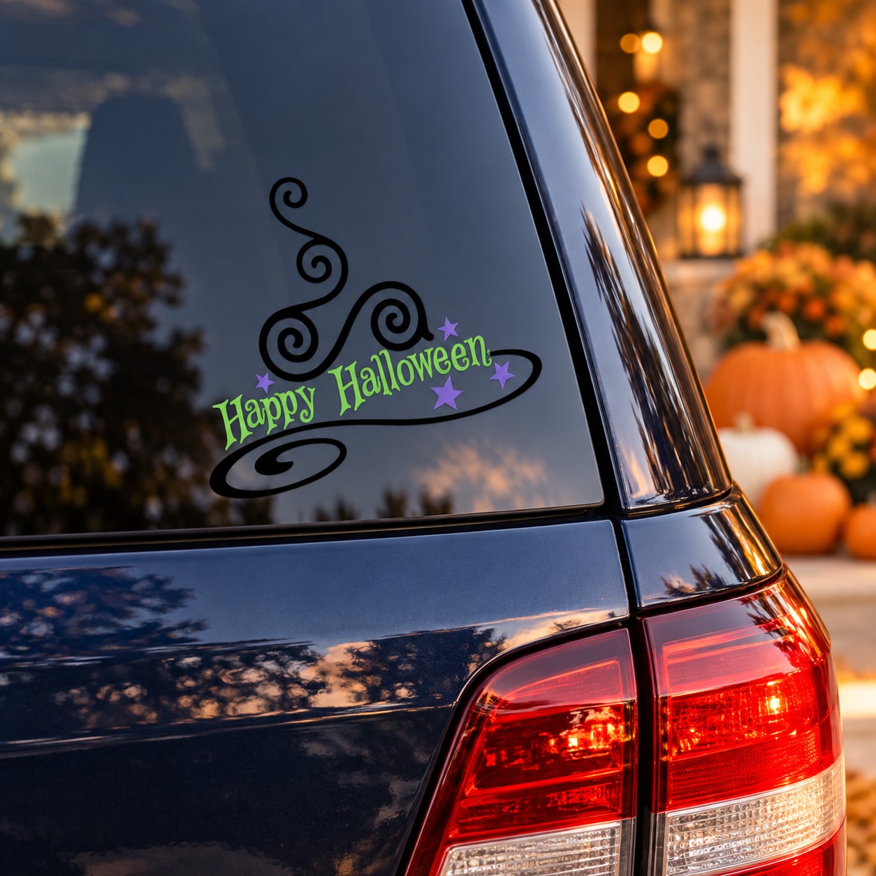 Black swirl witch hat decal with “Happy Halloween” text and purple star accents