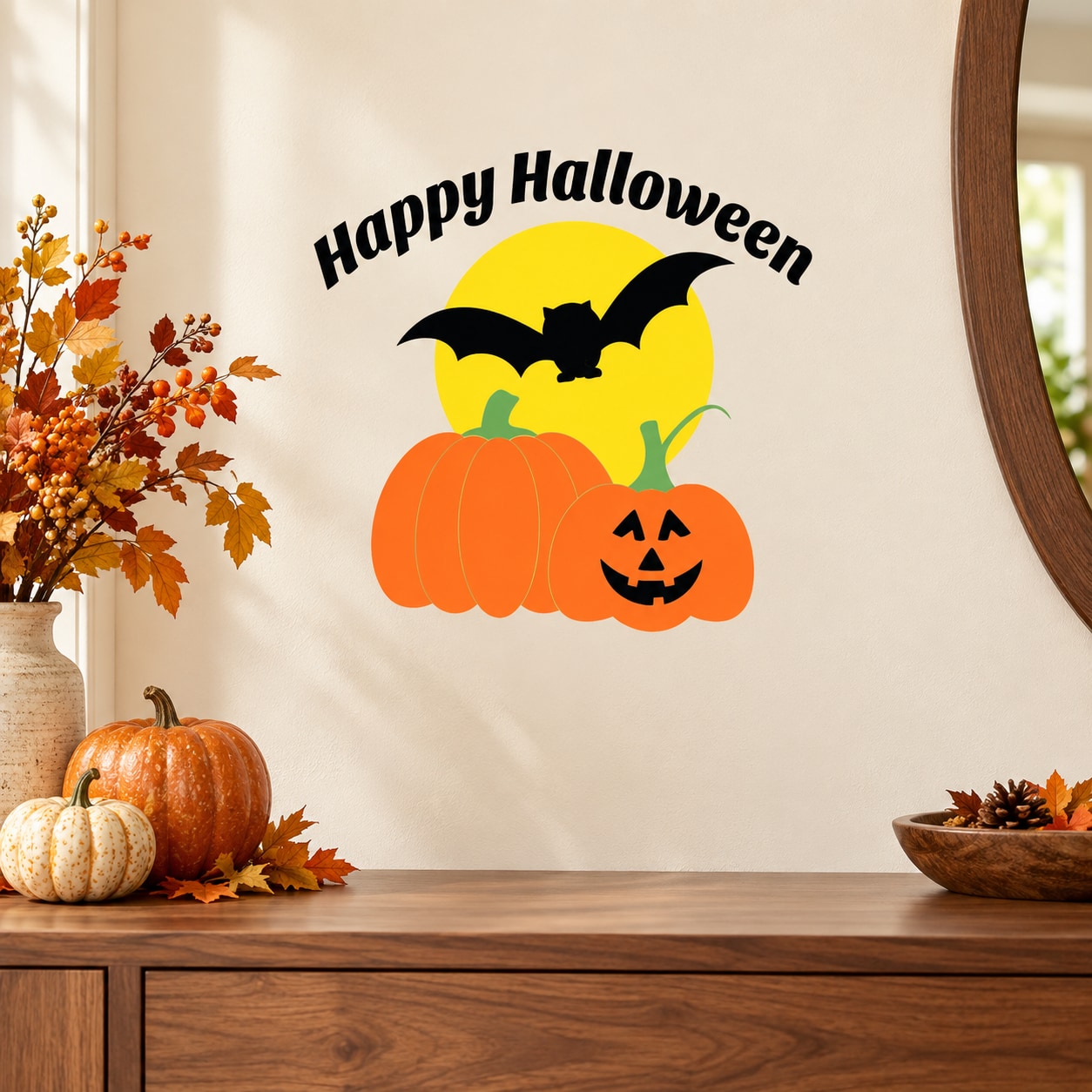 Happy Halloween printed die-cut decal with black bats, yellow moon, and orange pumpkins