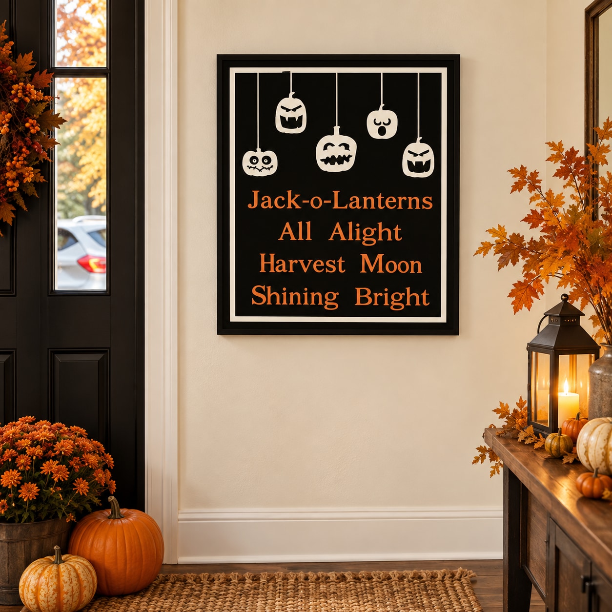 Halloween jack-o-lantern wall decal with white pumpkin faces and orange text on black