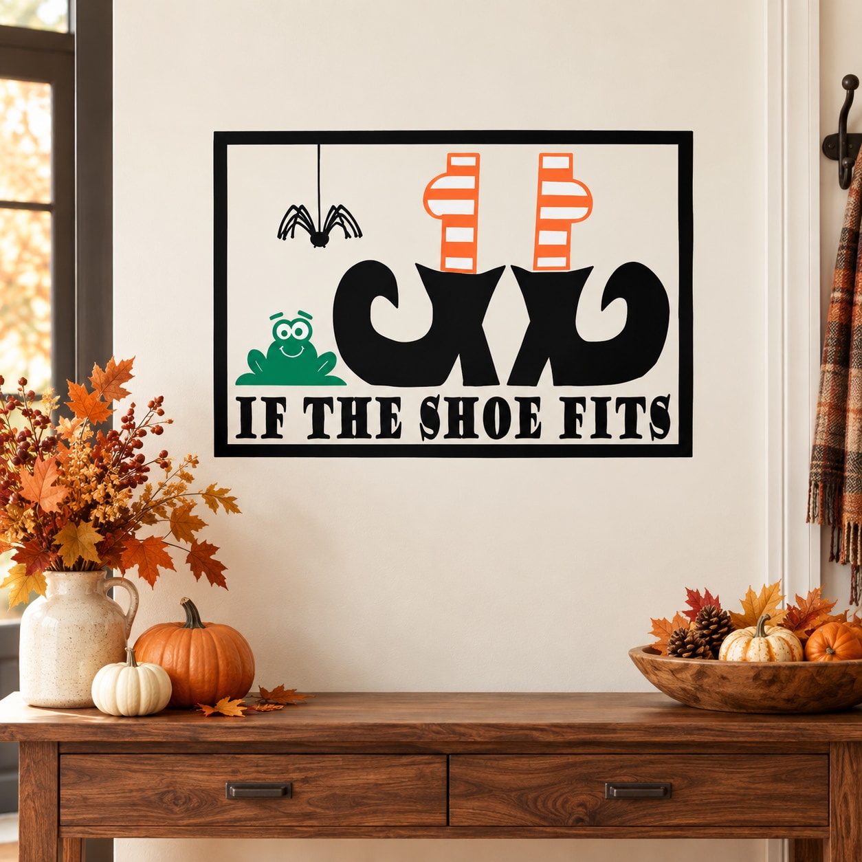 Halloween shoe fits wall decal with orange striped socks and black shoe graphic