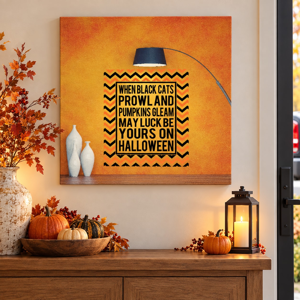 Square chevron style Halloween lettering sticker with yellow text on black background