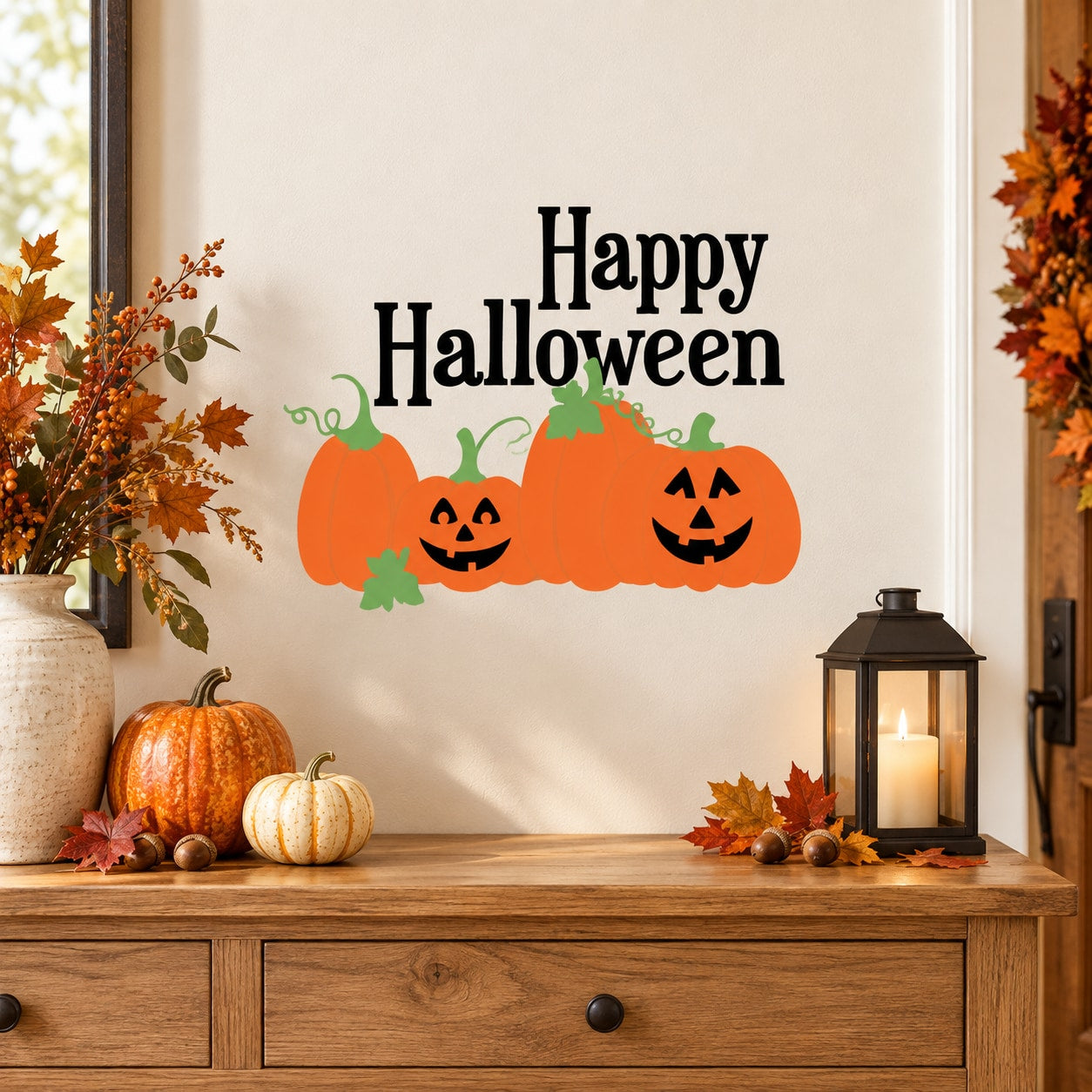 Happy Halloween patch decal with two jack-o-lantern pumpkins and “Happy Halloween” text