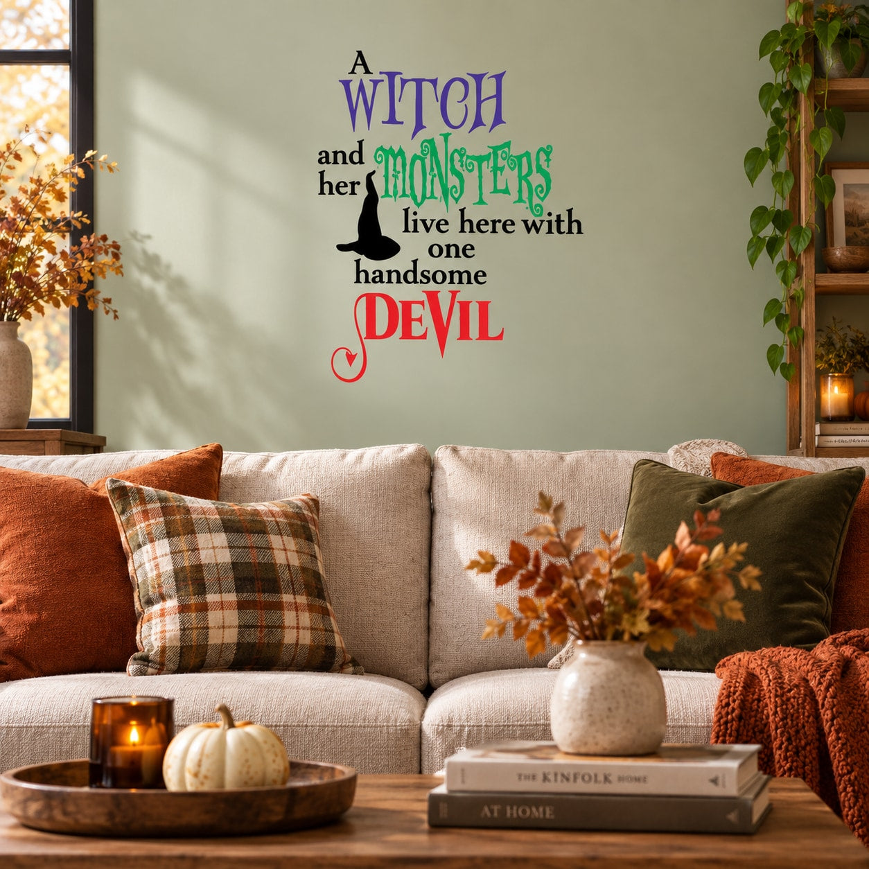 Printed die-cut decal featuring witch, monsters and devil quote in colorful lettering