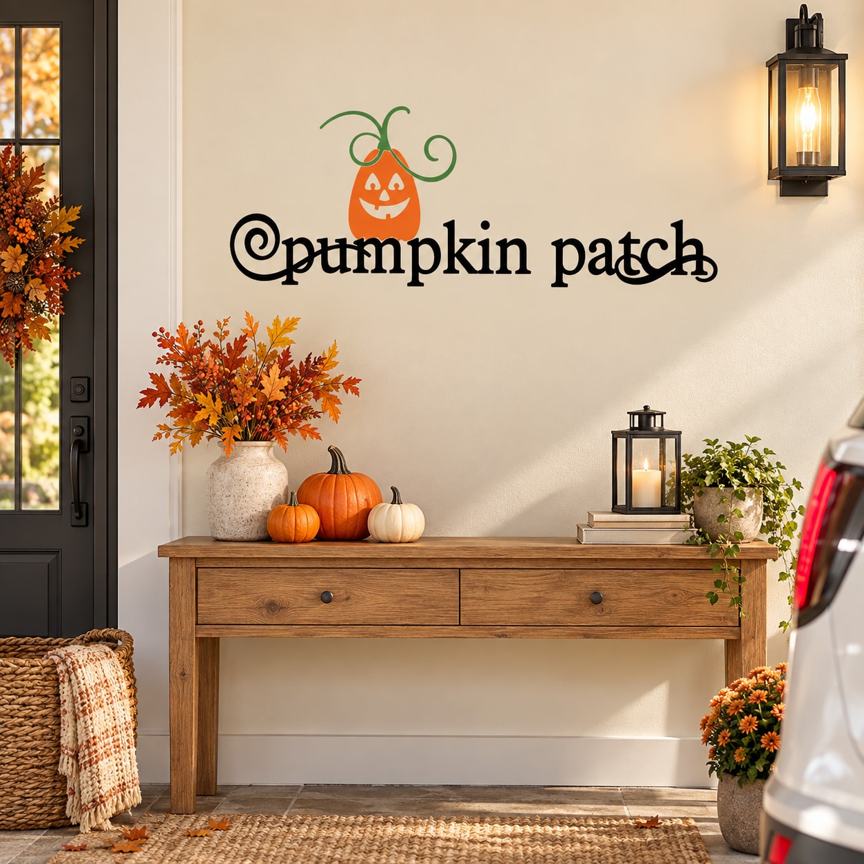 Halloween pumpkin patch wall decal with jack-o-lantern pumpkin and vine accents