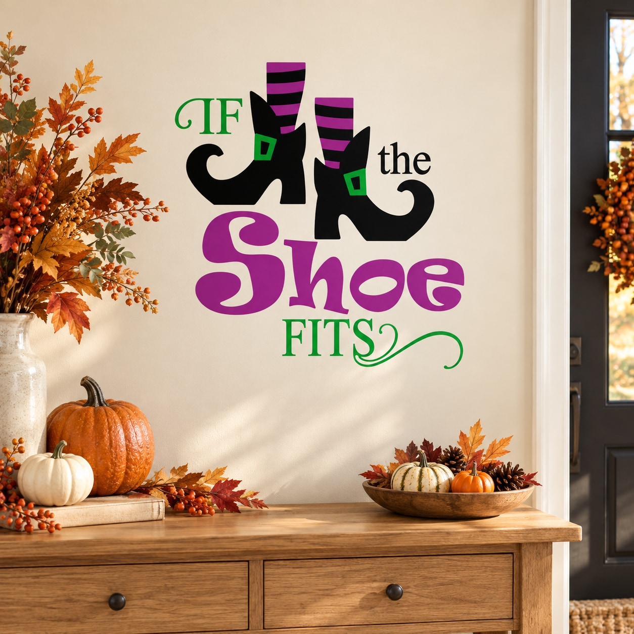 Witch wall decal reading “If the Shoe Fits” with purple shoe graphic