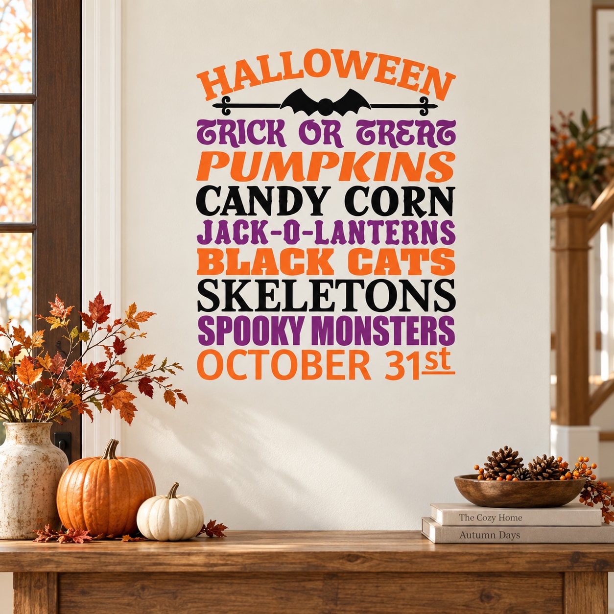 Halloween wall decal with multicolor text reading Trick or Treat Pumpkins and Oct 31st