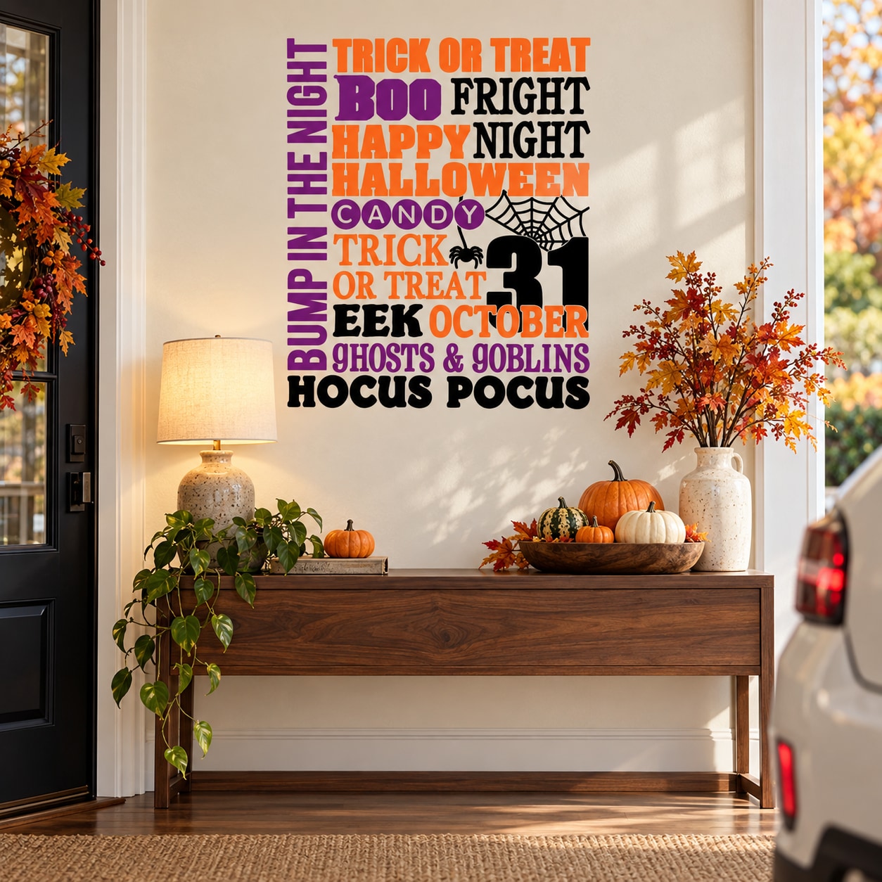 Halloween typography wall decal with 'Trick or Treat' and spooky phrases