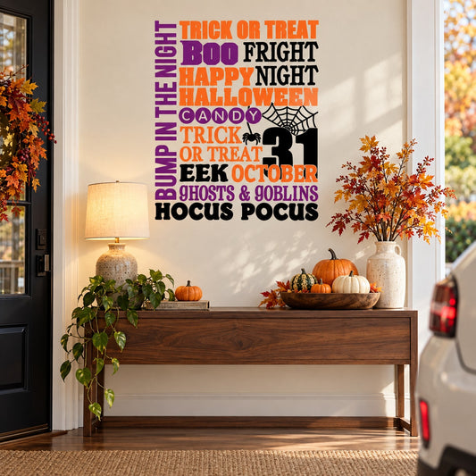 Halloween typography wall decal with 'Trick or Treat' and spooky phrases