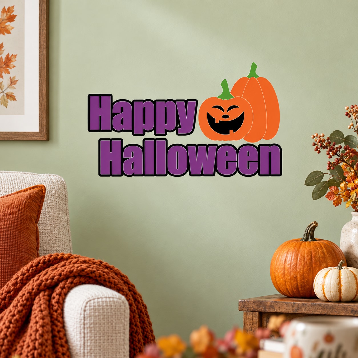Halloween pumpkin decal with orange smiling pumpkin and purple Happy Halloween lettering
