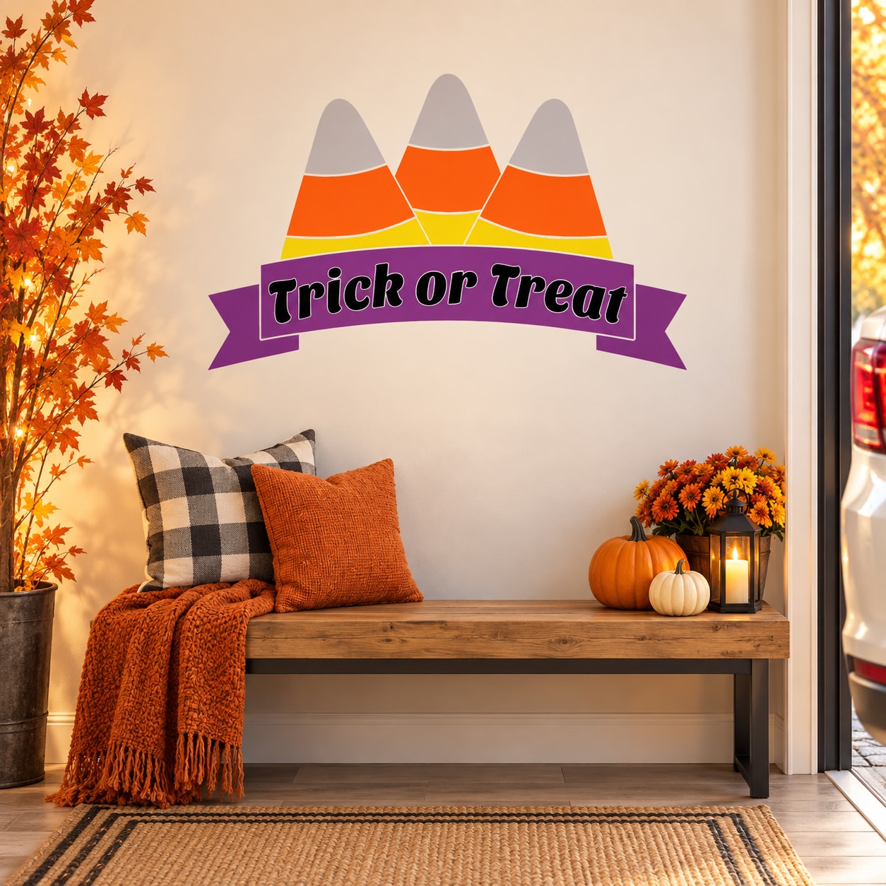 Trick or Treat candy corn banner style sticker with purple ribbon