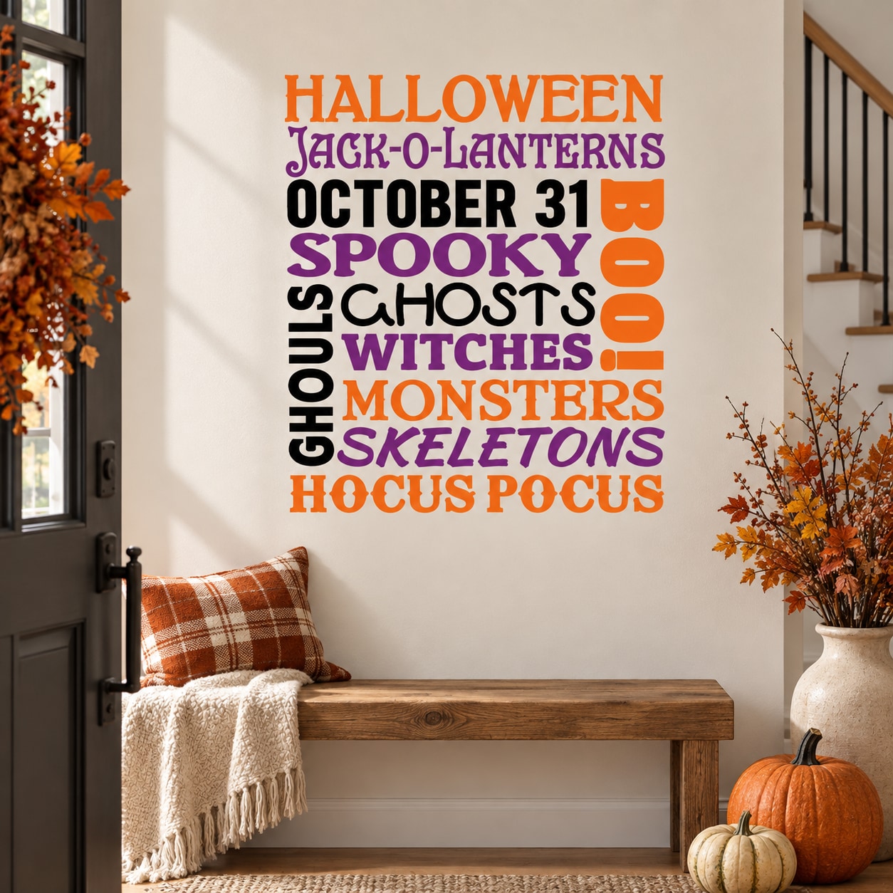 Halloween word text decal with colorful stacked spooky phrases