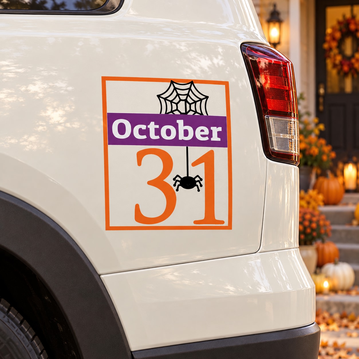 October 31 hanging spider decal with web and orange number graphic