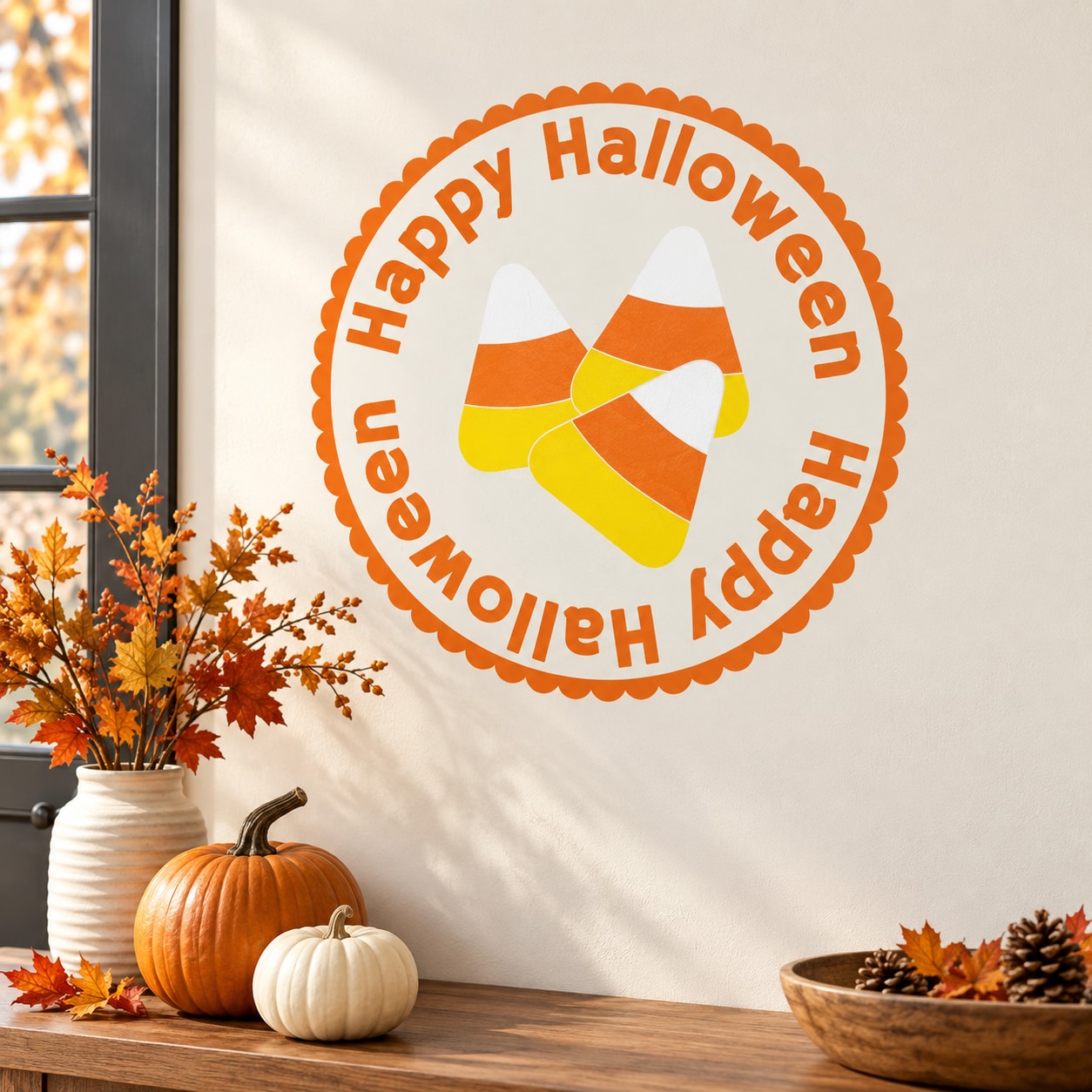 Happy Halloween candy corn circle decal with orange scalloped border and candy corn graphic