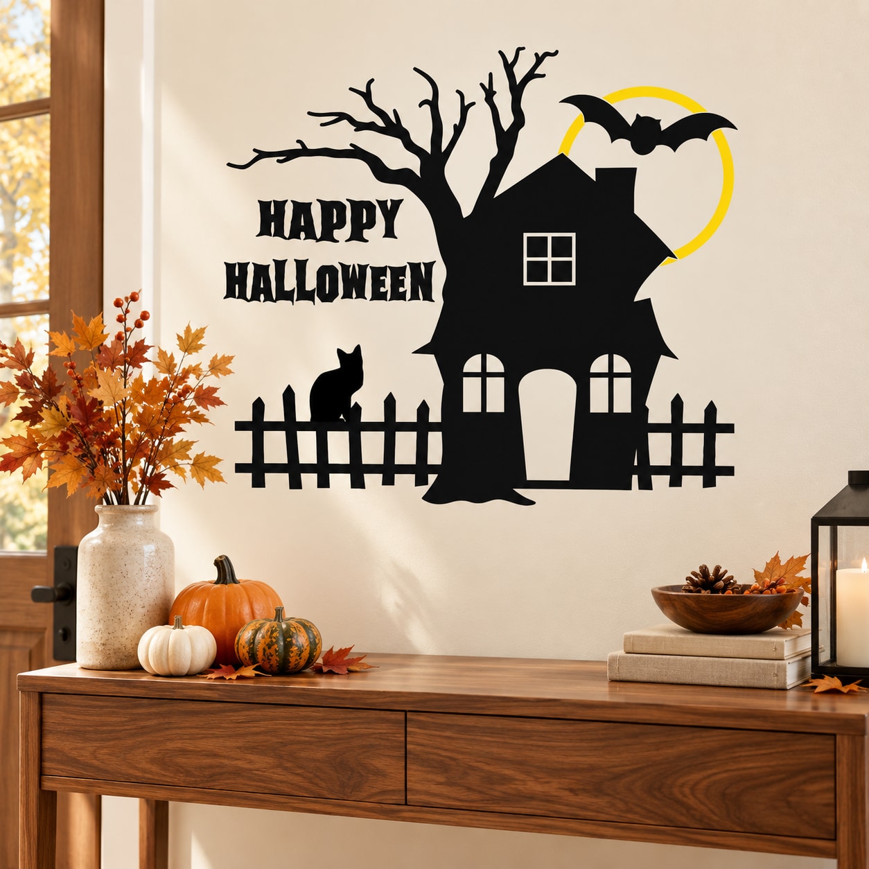 Happy Halloween haunted house wall decal with black silhouette, bats, fence, and lettering