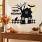 Happy Halloween haunted house wall decal with black silhouette, bats, fence, and lettering