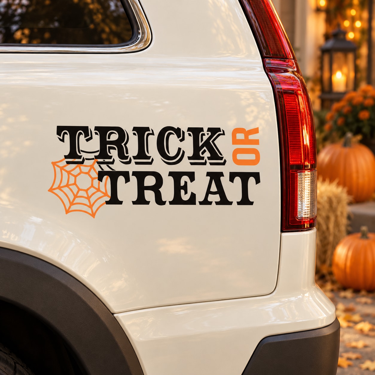 Halloween “TRICK OR TREAT” decal with orange spiderweb web graphic on light car panel