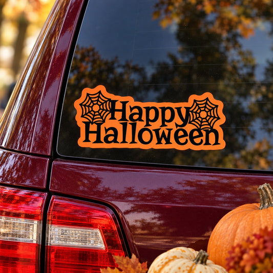 Happy Halloween cobweb sticker with orange spiderweb lettering on car window