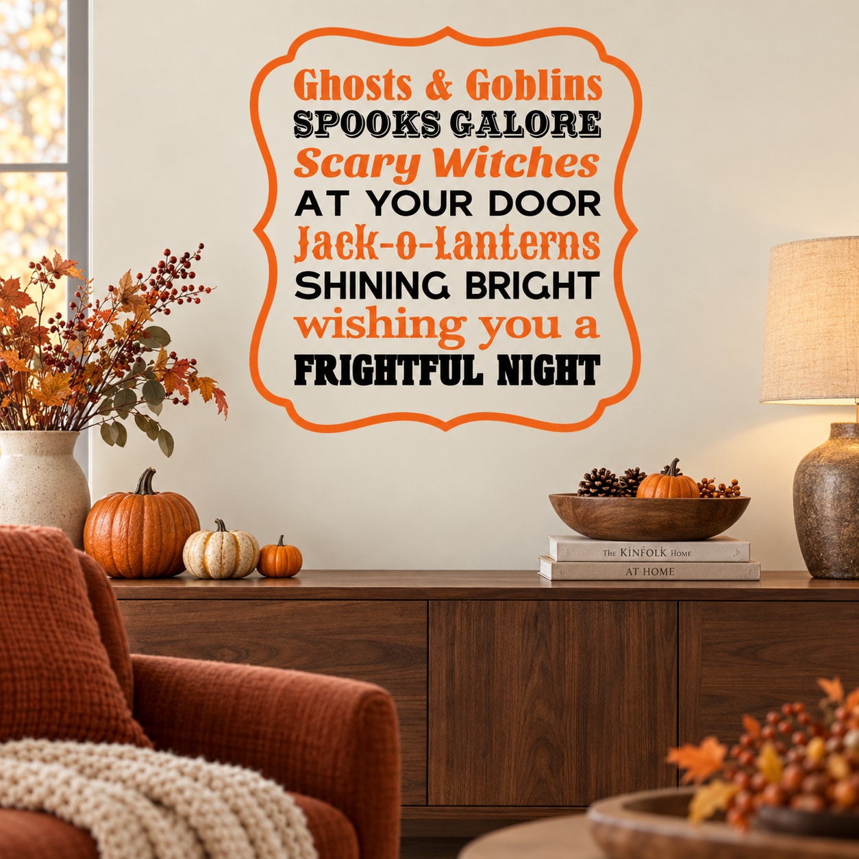 Halloween wall decal with outlined ghosts and goblins text, “Spooks Galore” and spooky wishes