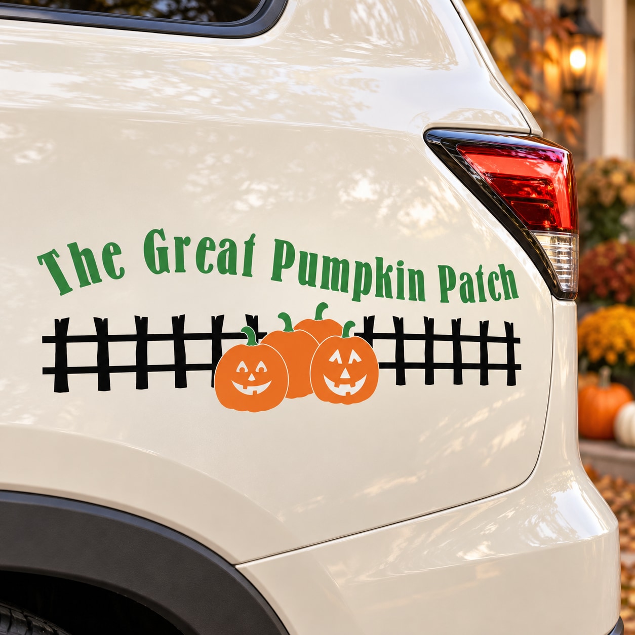 Pumpkin patch car decal with green title, black picket fence, and two orange jack-o-lanterns