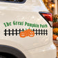 Pumpkin patch car decal with green title, black picket fence, and two orange jack-o-lanterns