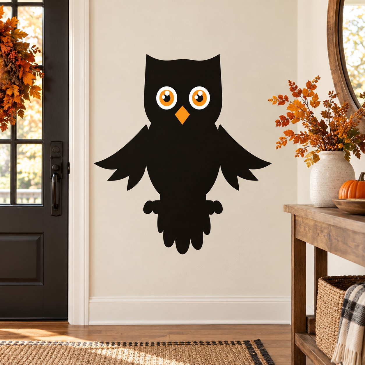 Black owl die-cut decal with orange beak and large round white-and-yellow eyes